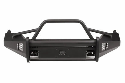 Fab Fours Black Steel Elite front bumper with pre-runner guard in black powder coat, front view, showing the pre-runner hoop, center tube, Elite badge and mesh end inserts