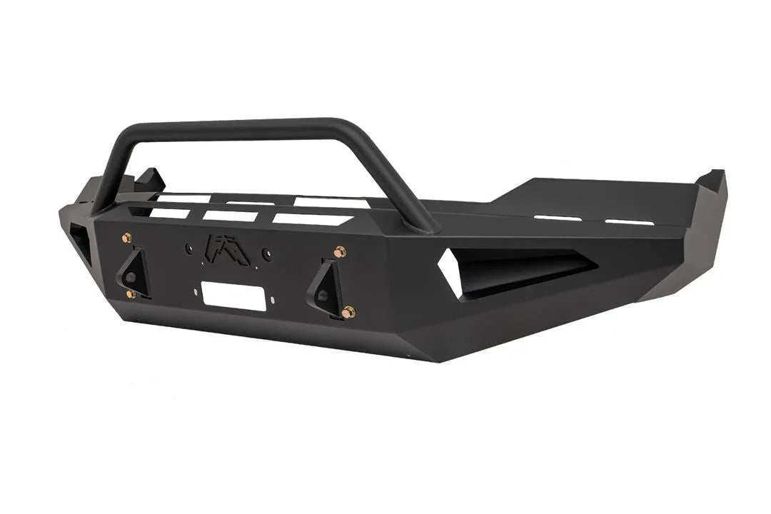 Fab Fours Red Steel front bumper with pre-runner guard in black powder coat, opposite angled front view, showing the pre-runner hoop, shackle mounts and light cutouts