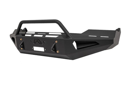 Fab Fours Red Steel front bumper with pre-runner guard in black powder coat, opposite angled front view, showing the pre-runner hoop, shackle mounts and light cutouts