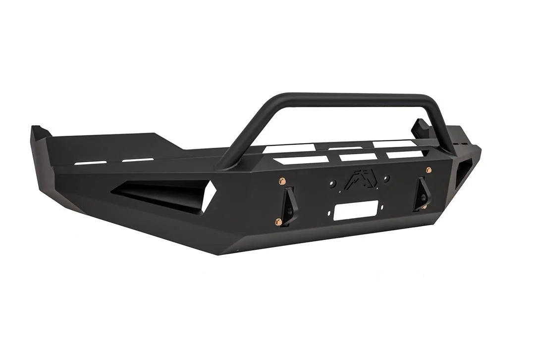 Fab Fours Red Steel front bumper with pre-runner guard in black powder coat, angled front view, showing the pre-runner hoop, winch plate, shackle mounts and vented end panels
