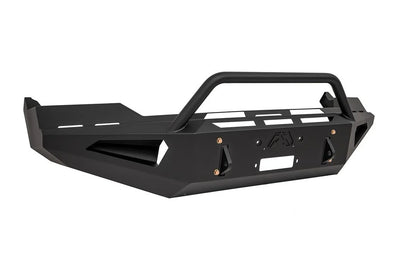 Fab Fours Red Steel front bumper with pre-runner guard in black powder coat, angled front view, showing the pre-runner hoop, winch plate, shackle mounts and vented end panels