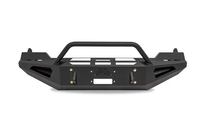 Fab Fours Red Steel front bumper with pre-runner guard in black powder coat, front view, showing the pre-runner hoop, winch fairlead opening, shackle mounts and top cutouts