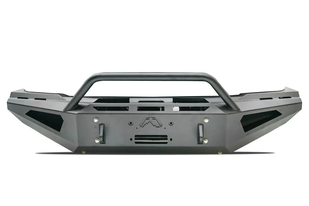 Fab Fours Red Steel front bumper with pre-runner guard in black powder coat, front view, showing the pre-runner hoop, winch fairlead opening, shackle mounts and vented ends