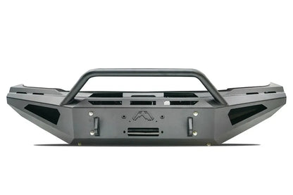 Fab Fours Red Steel front bumper with pre-runner guard in black powder coat, front view, showing the pre-runner hoop, winch fairlead opening, shackle mounts and vented ends