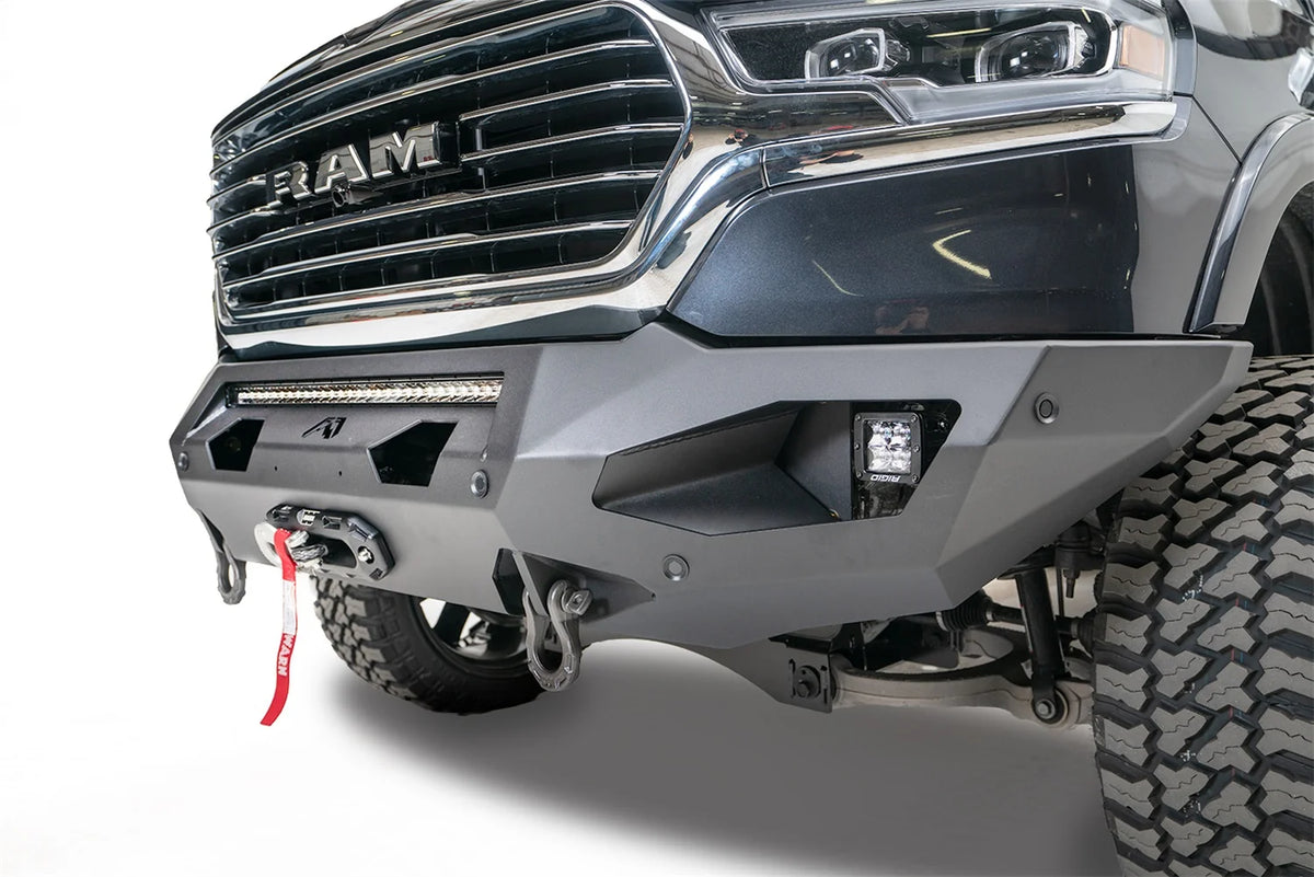 Close-up of Fab Fours Matrix front bumper on a Ram 1500
