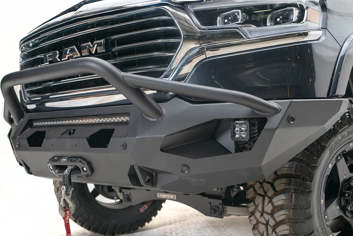 Close-up of Fab Fours Matrix front bumper with pre-runner guard on a Ram 1500