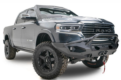 Ram 1500 with Fab Fours Matrix front bumper with pre-runner guard, front three-quarter view