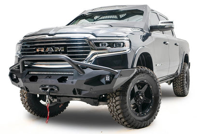 Ram 1500 with Fab Fours Matrix front bumper with pre-runner guard, front three-quarter view