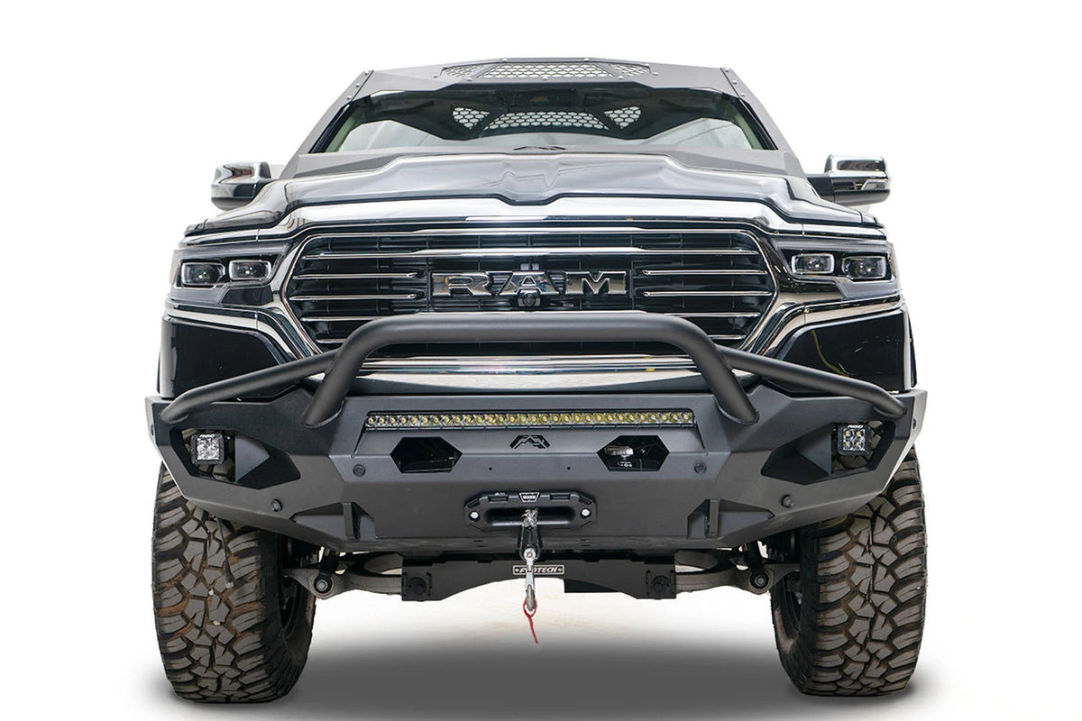 Fab Fours Matrix front bumper with pre-runner guard on a Ram 1500, front view