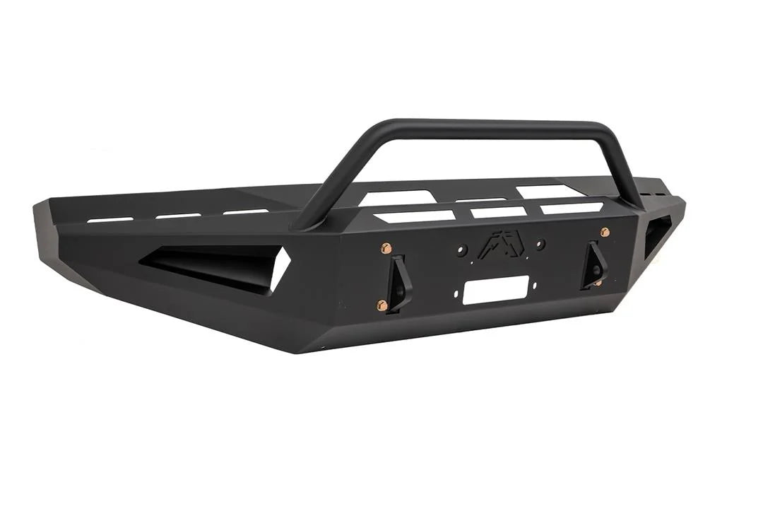 Fab Fours Red Steel front bumper with pre-runner guard in black powder coat, opposite angled front view, showing the pre-runner hoop, winch plate and vented end panel