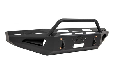 Fab Fours Red Steel front bumper with pre-runner guard in black powder coat, opposite angled front view, showing the pre-runner hoop, winch plate and vented end panel