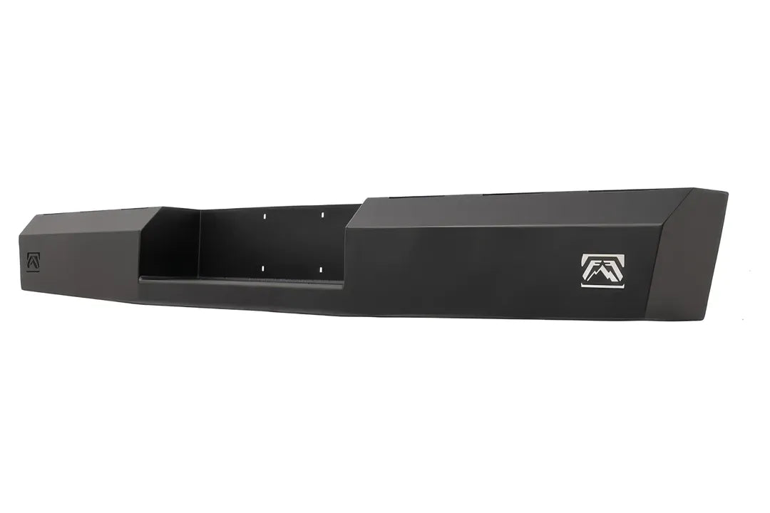 Fab Fours Red Steel rear bumper in black powder coat, angled rear view, showing the recessed plate pocket, logo end cutout and faceted end cap
