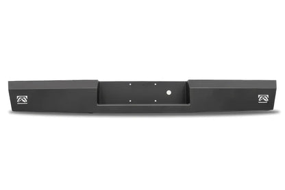 Fab Fours Red Steel rear bumper in black powder coat, rear view, showing the recessed plate pocket, logo end cutouts and mounting holes