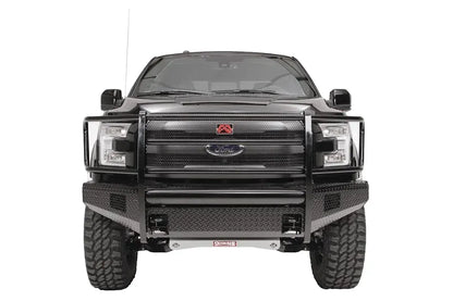 Fab Fours Black Steel front ranch bumper with full guard on a black Ford F-150, straight-on front studio view, showing the full grille guard, diamond-plate bumper face and wraparound wings