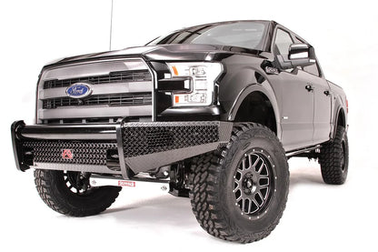 Fab Fours Black Steel front ranch bumper on a black Ford F-150, front driver-side three-quarter studio view, showing the diamond-plate bumper face, tubular top rail and wraparound wings