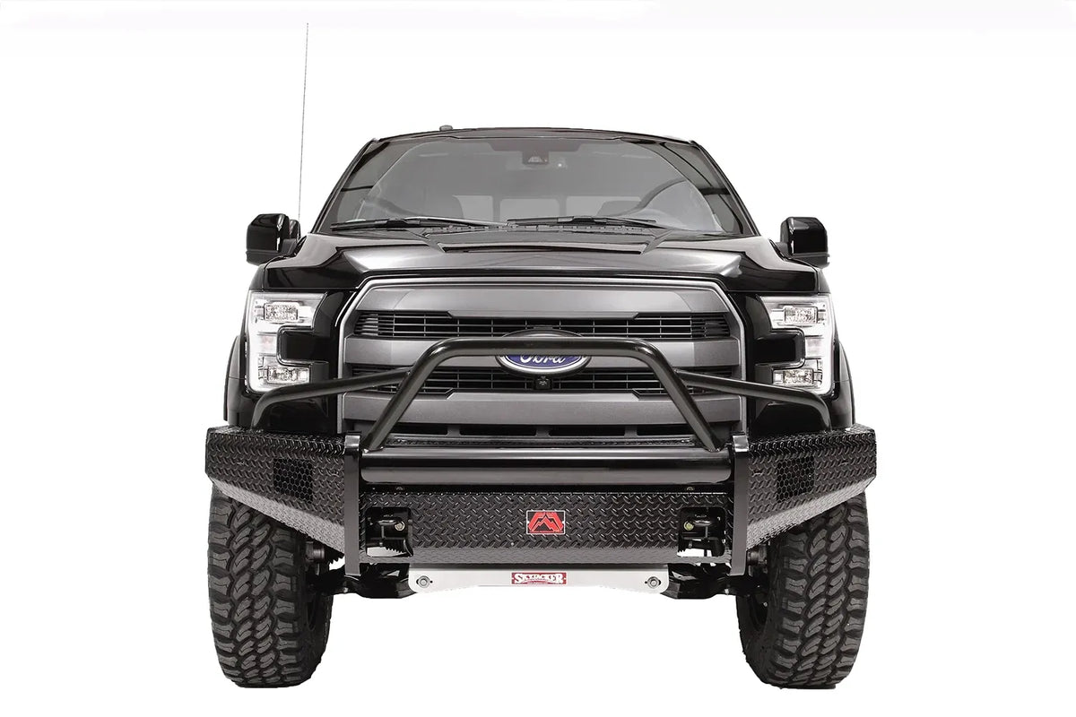 Fab Fours Black Steel front ranch bumper with pre-runner guard on a black Ford F-150, straight-on front studio view, showing the pre-runner hoop, diamond-plate bumper face and light openings