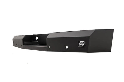 Fab Fours Red Steel rear bumper in black powder coat, angled view from the opposite end, showing the faceted end cap, logo cutout and recessed center section