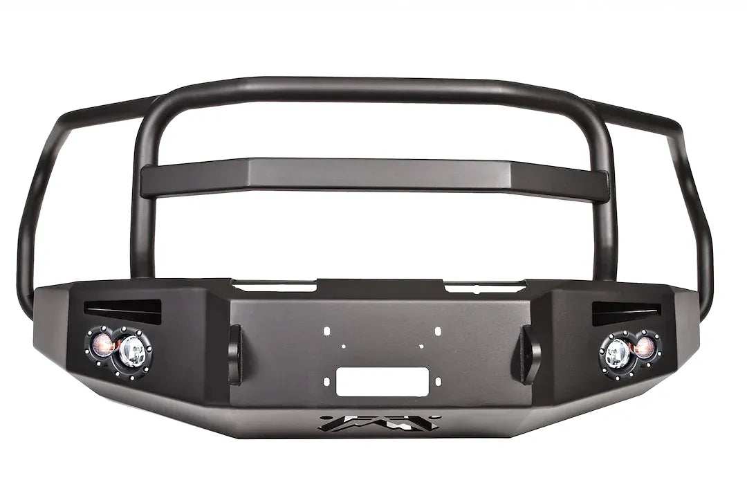 Fab Fours Premium Winch front bumper with full guard in black powder coat, front view, showing the full grille guard, winch mounting plate and round light pods