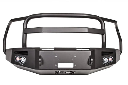 Fab Fours Premium Winch front bumper with full guard in black powder coat, front view, showing the full grille guard, winch mounting plate and round light pods