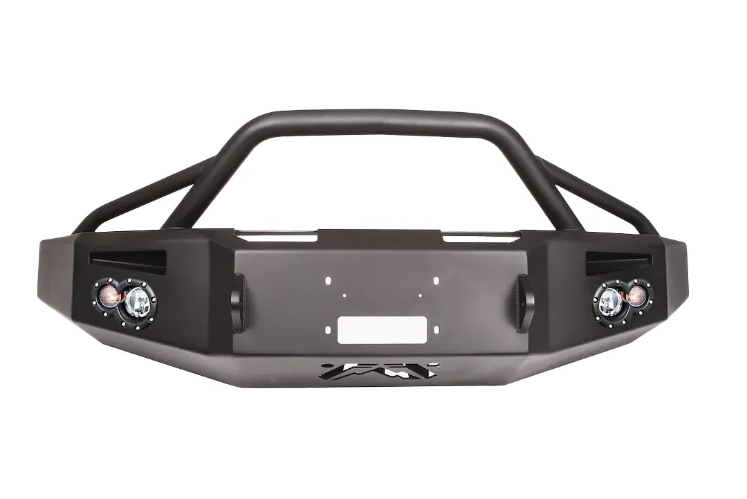 Fab Fours Premium Winch front bumper with pre-runner guard in black powder coat, front view, showing the pre-runner hoop, winch mounting plate and round light pods