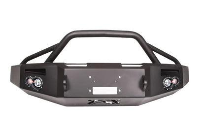 Fab Fours Premium Winch front bumper with pre-runner guard in black powder coat, front view, showing the pre-runner hoop, winch mounting plate and round light pods
