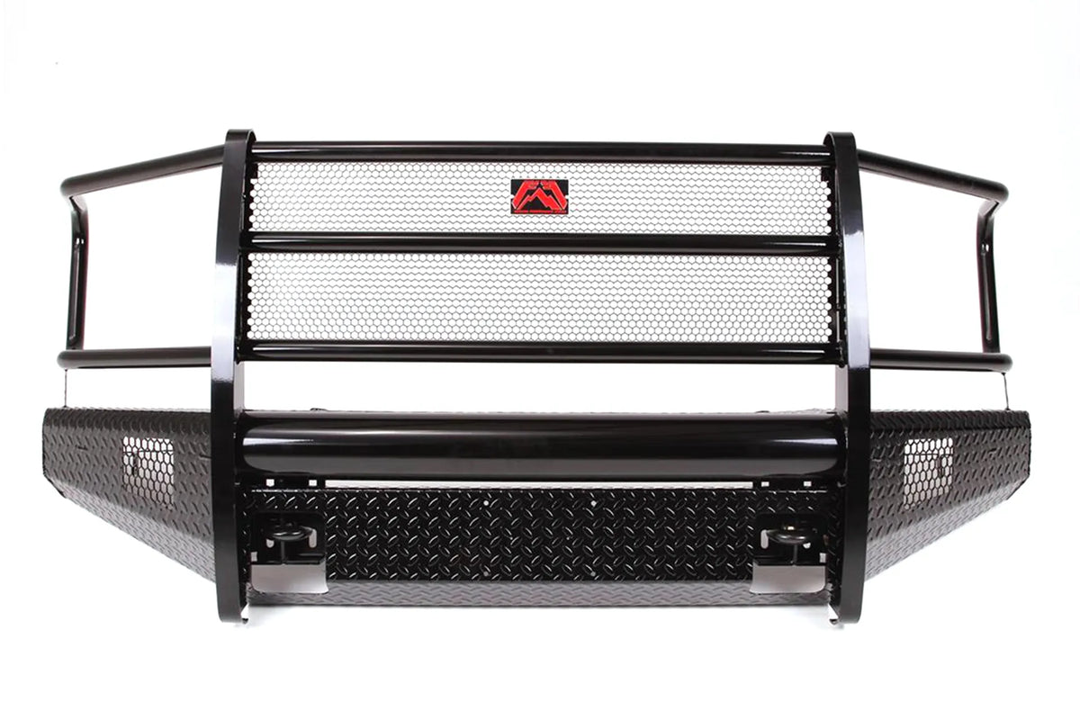 Fab Fours Black Steel front bumper with full guard in black powder coat, front view, showing the full grille guard with mesh panels, diamond-plate bumper face and wraparound wings