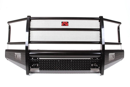 Fab Fours Black Steel front bumper with full guard in black powder coat, front view, showing the full grille guard with mesh panels, diamond-plate bumper face and wraparound wings