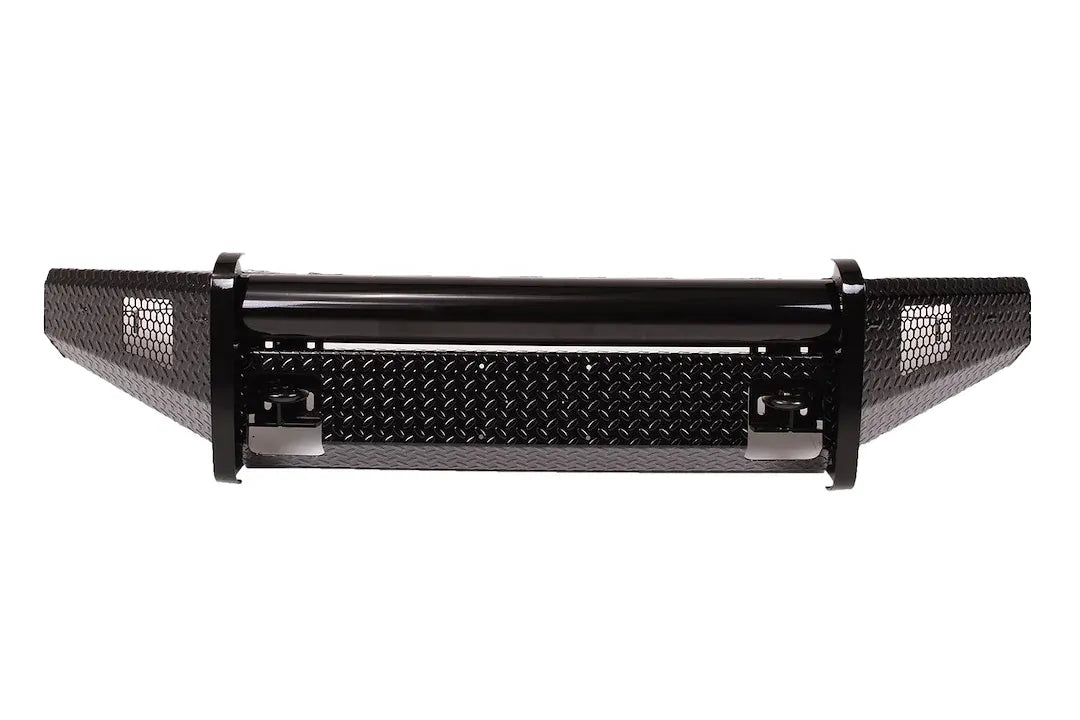 Fab Fours Black Steel front ranch bumper in black powder coat, front view, showing the diamond-plate bumper face, tubular top rail and wraparound wings