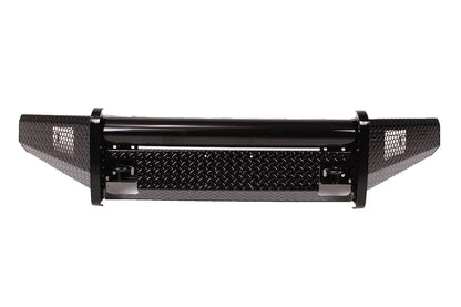 Fab Fours Black Steel front ranch bumper in black powder coat, front view, showing the diamond-plate bumper face, tubular top rail and wraparound wings