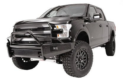 Fab Fours Black Steel front bumper with pre-runner guard on a black Ford F-150, front driver-side three-quarter studio view, showing the pre-runner hoop, diamond-plate bumper and wraparound wings