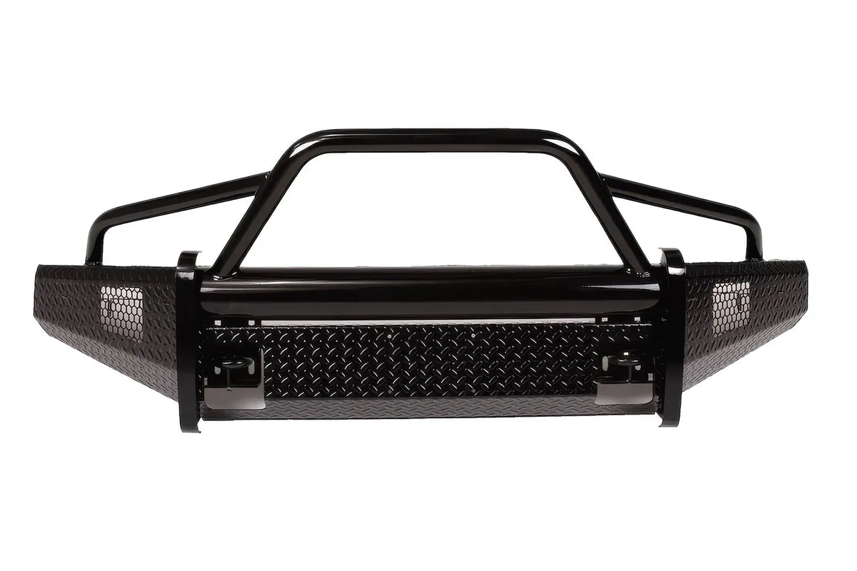 Fab Fours Black Steel front bumper with pre-runner guard in black powder coat, front view, showing the pre-runner hoop, diamond-plate bumper face and wraparound wings