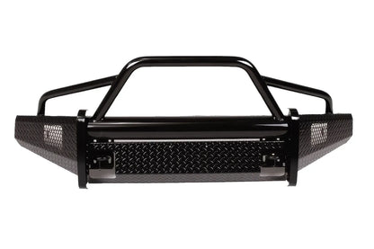 Fab Fours Black Steel front bumper with pre-runner guard in black powder coat, front view, showing the pre-runner hoop, diamond-plate bumper face and wraparound wings