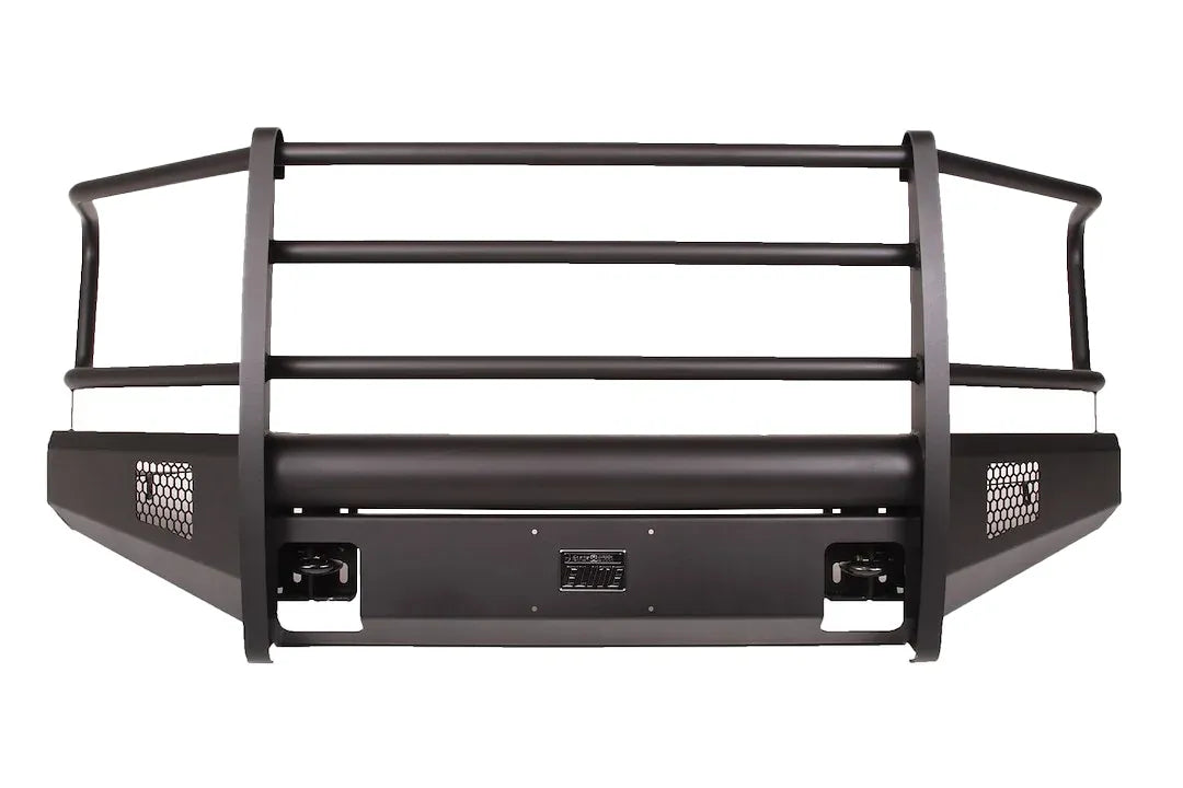 Fab Fours Black Steel Elite front bumper with full guard in black powder coat, front view, showing the full grille guard, smooth bumper face and side mesh vents