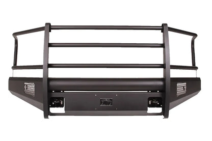 Fab Fours Black Steel Elite front bumper with full guard in black powder coat, front view, showing the full grille guard, smooth bumper face and side mesh vents