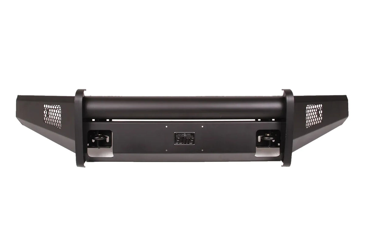 Fab Fours Black Steel Elite front bumper in black powder coat, front view, showing the smooth bumper face, tubular top rail and side mesh vents