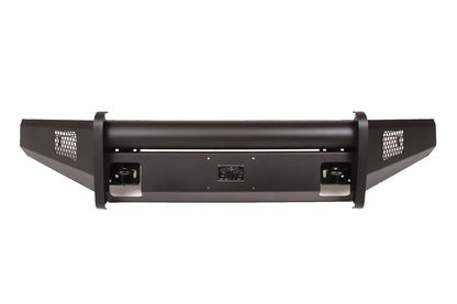 Fab Fours Black Steel Elite front bumper in black powder coat, front view, showing the smooth bumper face, tubular top rail and side mesh vents