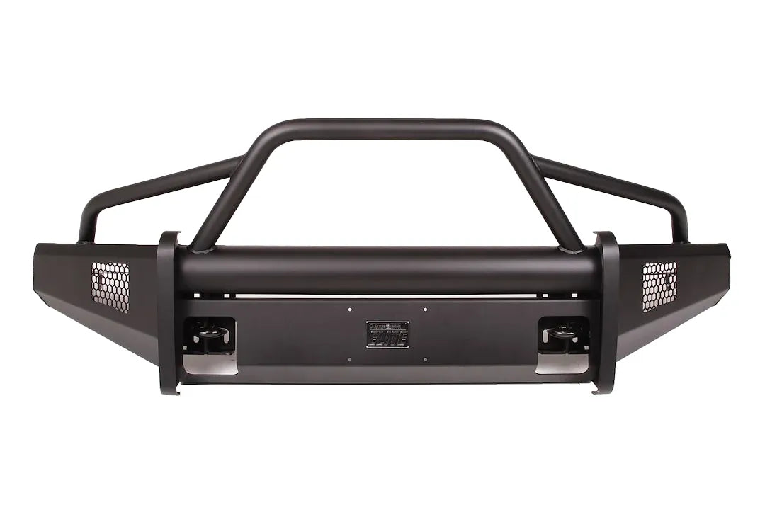 Fab Fours Black Steel Elite front bumper with pre-runner guard in black powder coat, front view, showing the pre-runner hoop, smooth bumper face and side mesh vents