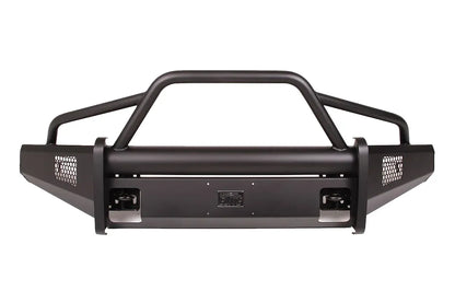 Fab Fours Black Steel Elite front bumper with pre-runner guard in black powder coat, front view, showing the pre-runner hoop, smooth bumper face and side mesh vents