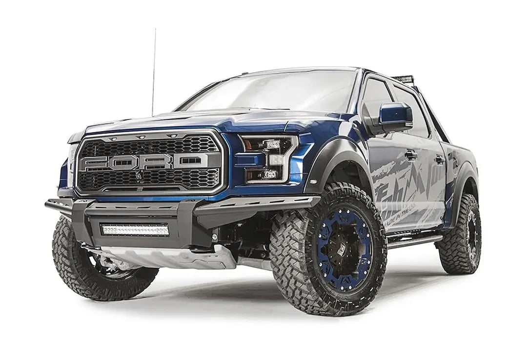 Fab Fours Aero front bumper with center LED light bar on a blue Ford F-150 Raptor 