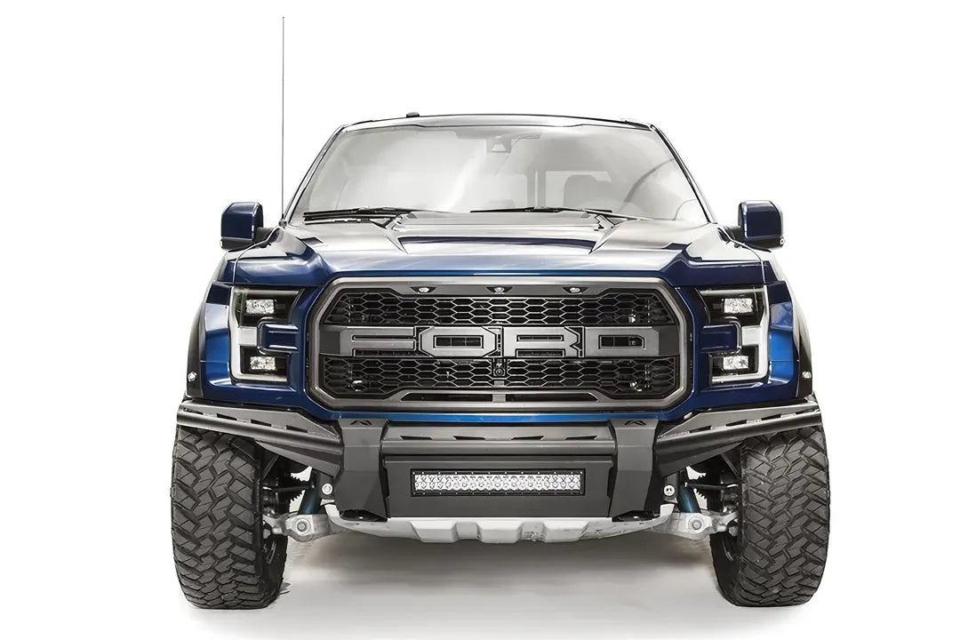 Fab Fours Aero front bumper on a blue Ford F-150 Raptor, front view