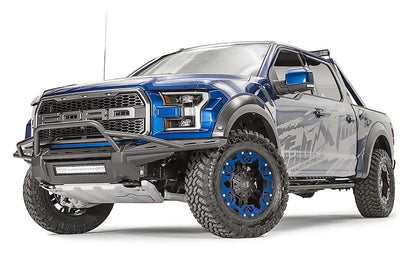 Fab Fours Aero front bumper with pre-runner guard and center LED light bar on a blue Ford F-150 Raptor with Fab Fours wrap, driver-side front three-quarter view