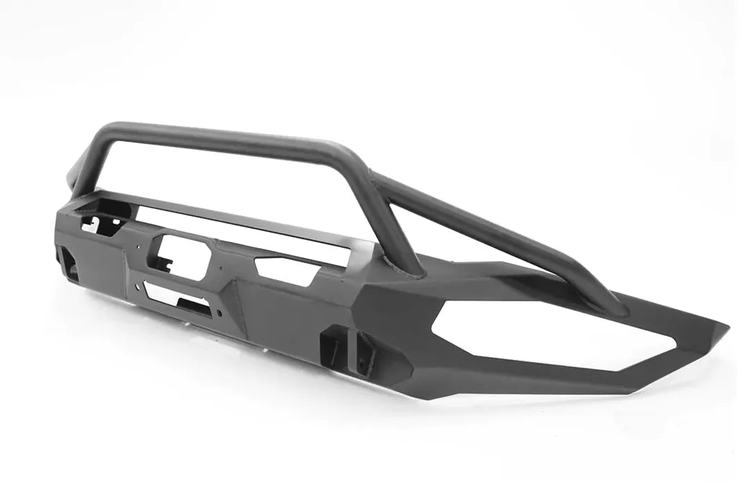 Fab Fours Matrix front bumper with pre-runner guard in black powder coat, angled view, showing the pre-runner hoop, light bar opening and winch plate