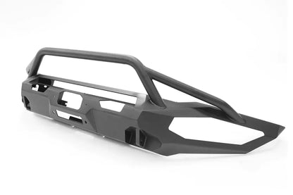 Fab Fours Matrix front bumper with pre-runner guard in black powder coat, angled view, showing the pre-runner hoop, light bar opening and winch plate