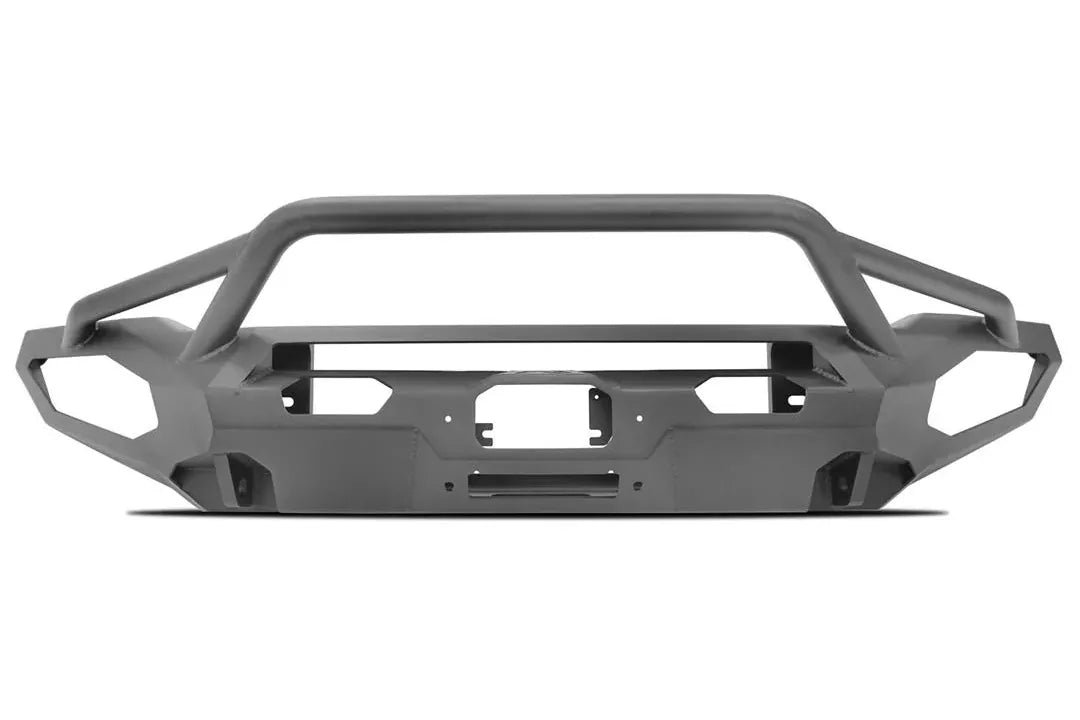 Fab Fours Matrix front bumper with pre-runner guard in black powder coat, front view, showing the pre-runner hoop, winch fairlead opening and light pod cutouts