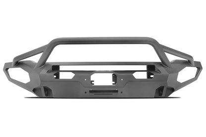Fab Fours Matrix front bumper with pre-runner guard in black powder coat, front view, showing the pre-runner hoop, winch fairlead opening and light pod cutouts