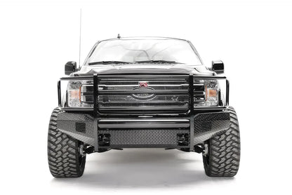 Fab Fours Black Steel front bumper with full guard on a black Ford F-150, straight-on front view, showing the full grille guard, diamond-plate face and center mounts