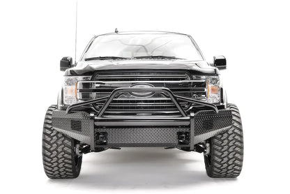 Fab Fours Black Steel front bumper with pre-runner guard on a black Ford F-150, straight-on front view, showing the pre-runner hoop, diamond-plate face and bumper wings