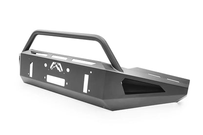 Fab Fours Red Steel front bumper with pre-runner guard in black powder coat, angled view, showing the pre-runner hoop, light cutouts and bumper wing