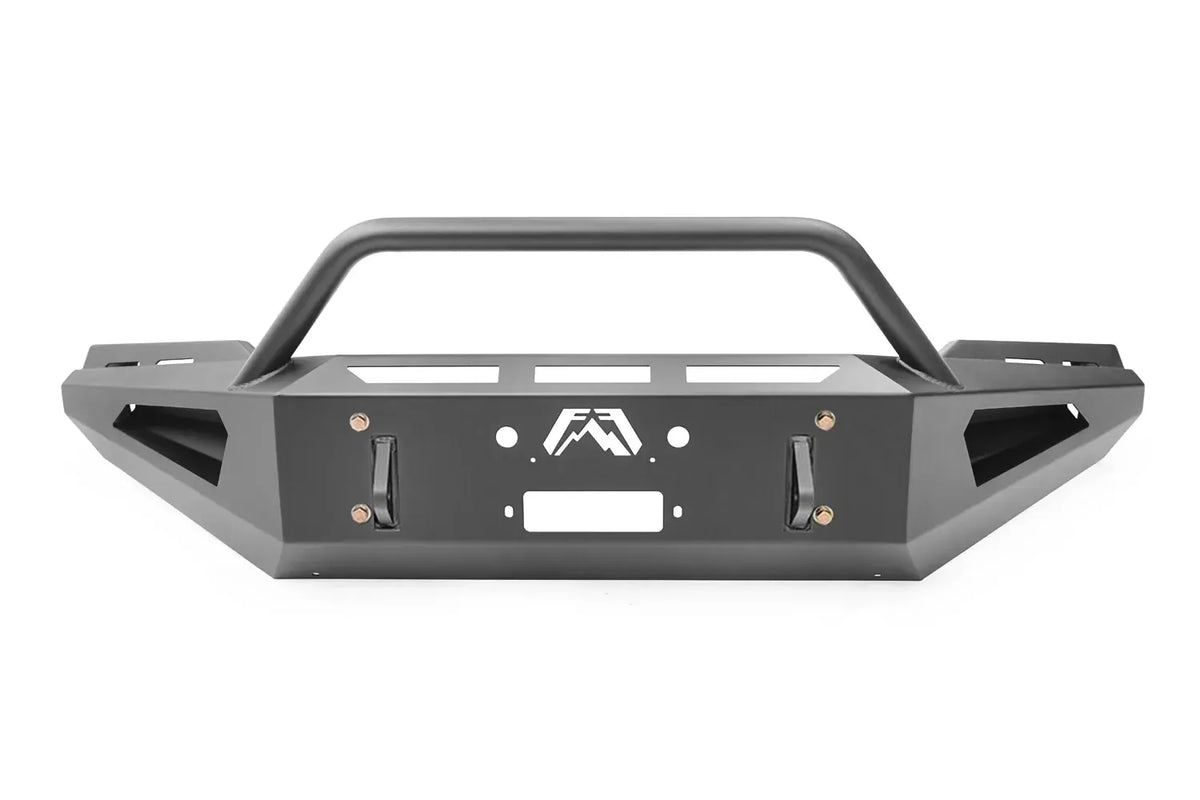 Fab Fours Red Steel front bumper with pre-runner guard in black powder coat, front view, showing the pre-runner hoop, Fab Fours logo cutout and winch plate opening