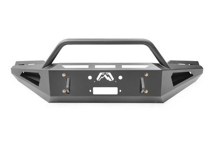 Fab Fours Red Steel front bumper with pre-runner guard in black powder coat, front view, showing the pre-runner hoop, Fab Fours logo cutout and winch plate opening